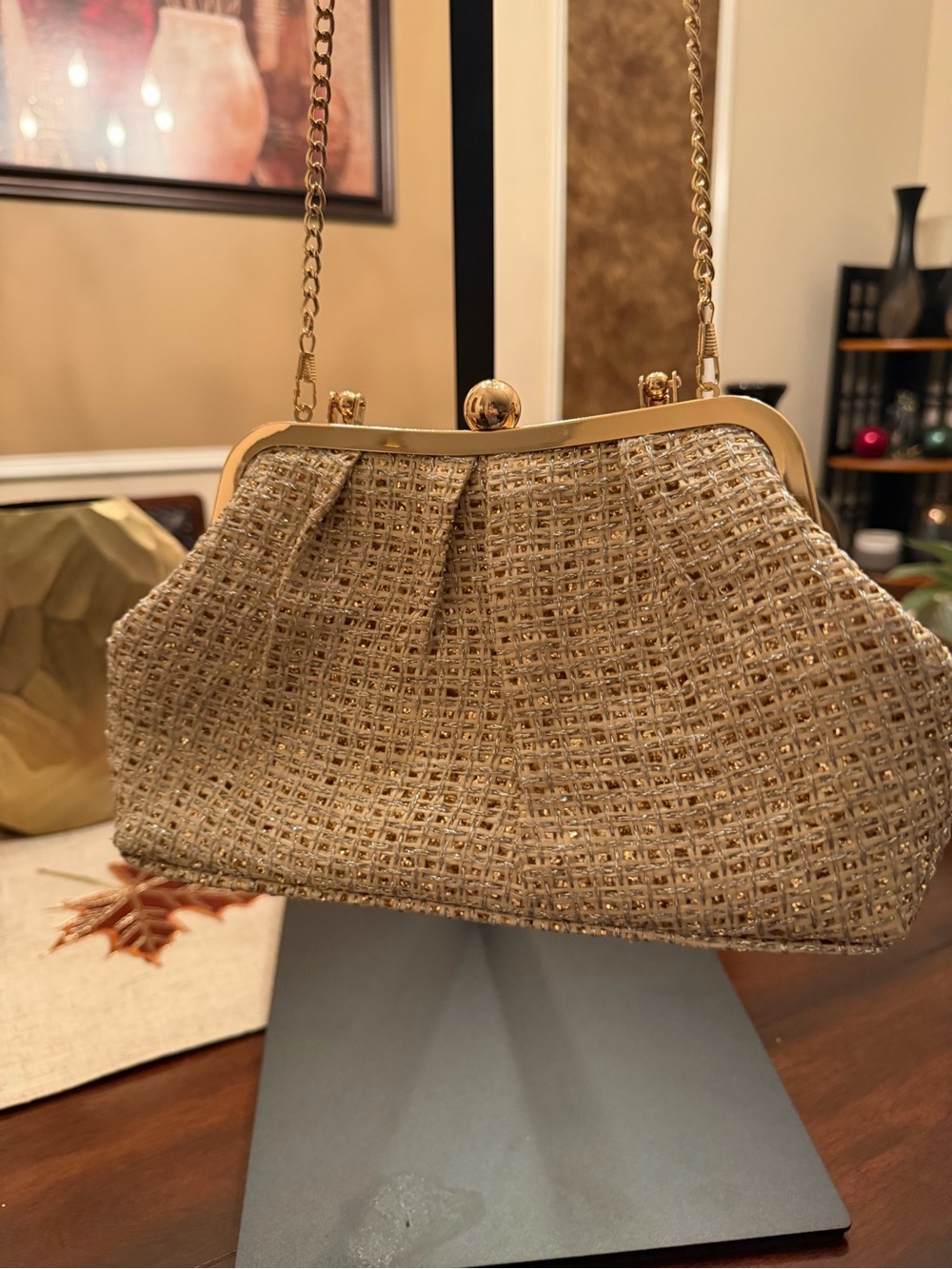 Gold Tweed Evening Shoulder Bag with Chain